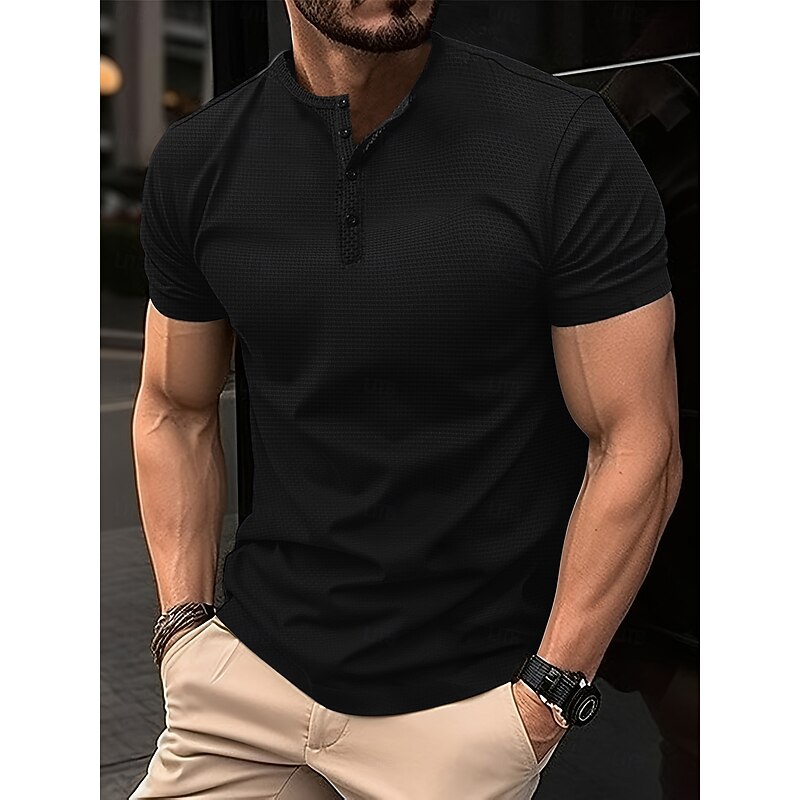 Men's Waffle Henley Shirt Tee Short Sleeve Solid Color Plain Cool Buttons Henley Outdoor Casual Daily Summer Spring &  Fall Black White Blue Henley T-Shirt3