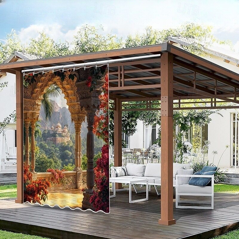 Waterproof Outdoor Curtain Privacy, Sliding Patio Curtain Drapes, Pergola Curtains Grommet 3D Landscape Arch Flower For Gazebo, Balcony, Porch, Party, 1 Panel2