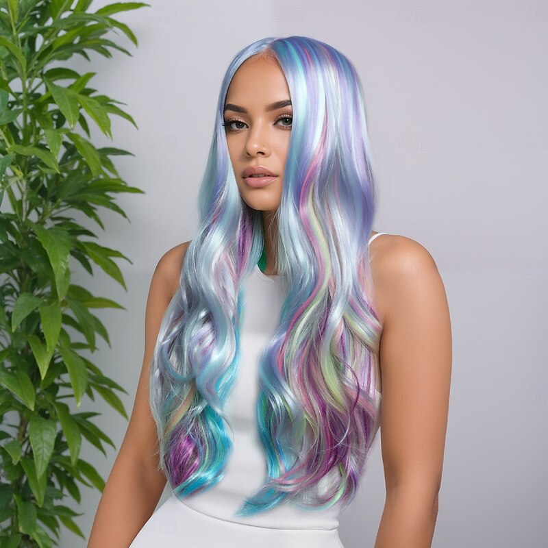 Women's Synthetic Wavy Wig 26 Inch Bouncy Curl Middle Part Deep Parting Machine Made Gradient Mixed Color A1 Comfortable Classic Hair