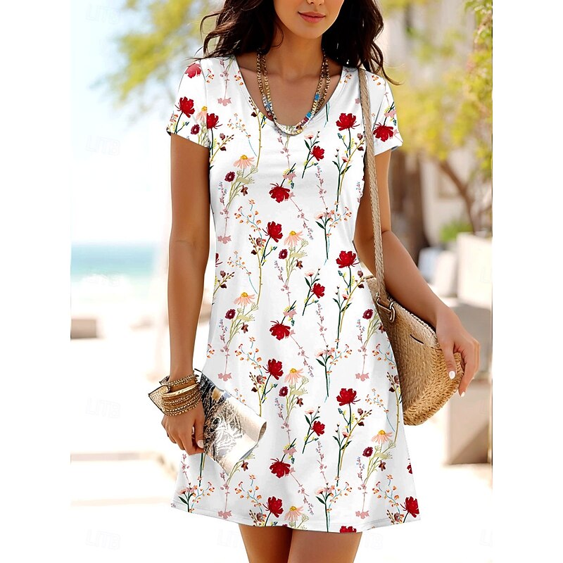 Women's Mini Dress T Shirt Dress Tee Dress A Line Dress Summer Dress Casual Daily Regular Fit Floral Graphic Short Sleeve Crewneck Red Blue Purple Summer Spring