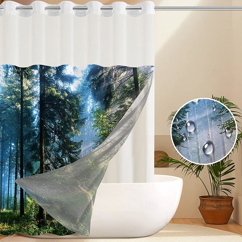 Forest Waffle-Weave Textured Shower Curtain Set with Snap-in Liner and Sheer Window Water-Repellent Polyester, Grommet Top, 120GSM Hotel Quality Spa Style Bathroom Partition No Hooks Required