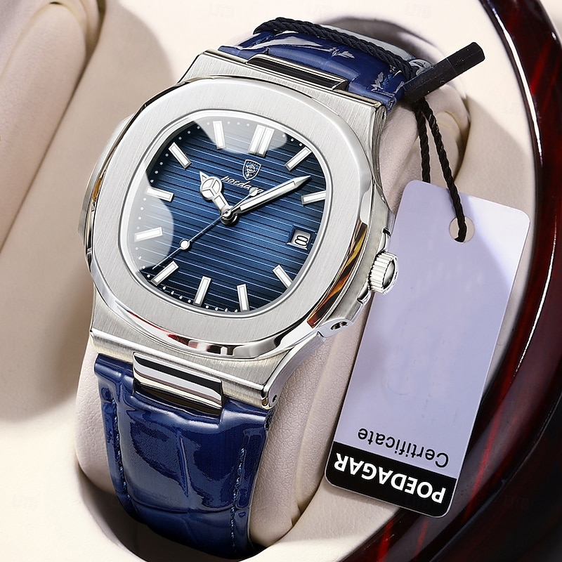 Top Luxury Square Men's Watch, Date Display, Waterproof, Luminous, High-Quality Leather, Modern Quartz Wristwatch