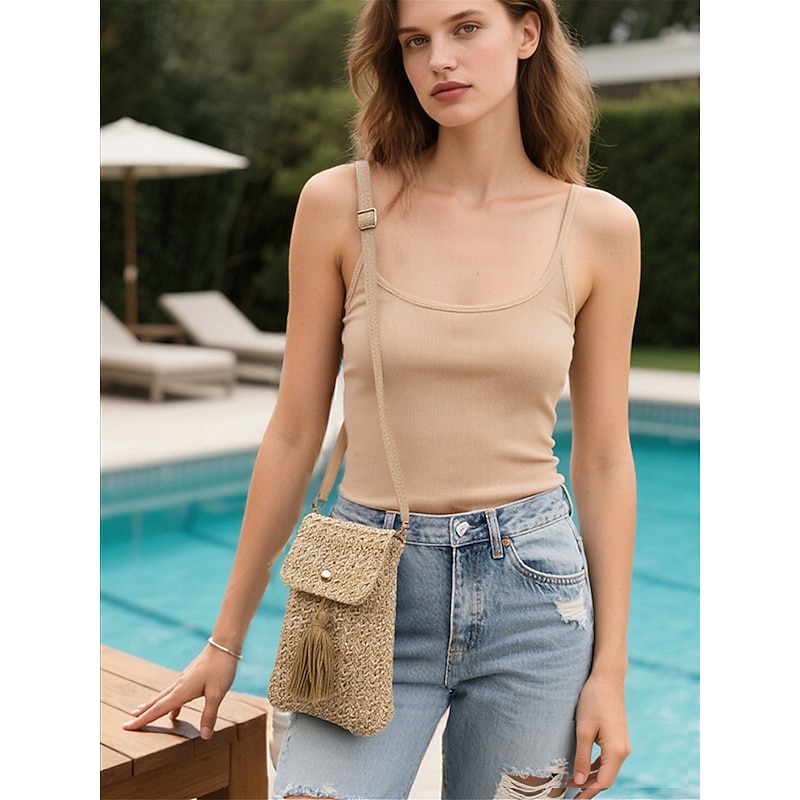 Women's Woven Straw Crossbody Phone Bag with Tassel – Boho Summer Beach Mini Purse for Travel, Outdoor and Casual Outfits3