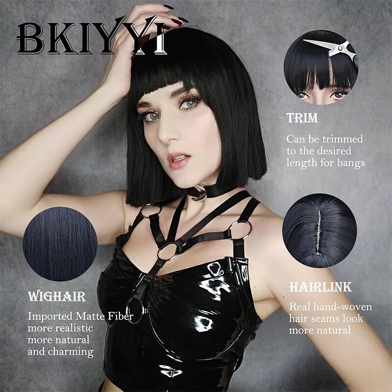 Black Bob Wig with Bangs Short Black Straight Wig for Women Natural Looking Heat Resistant Synthetic Wig for Grils Daily Party Halloween Cosplay Use 13inch4