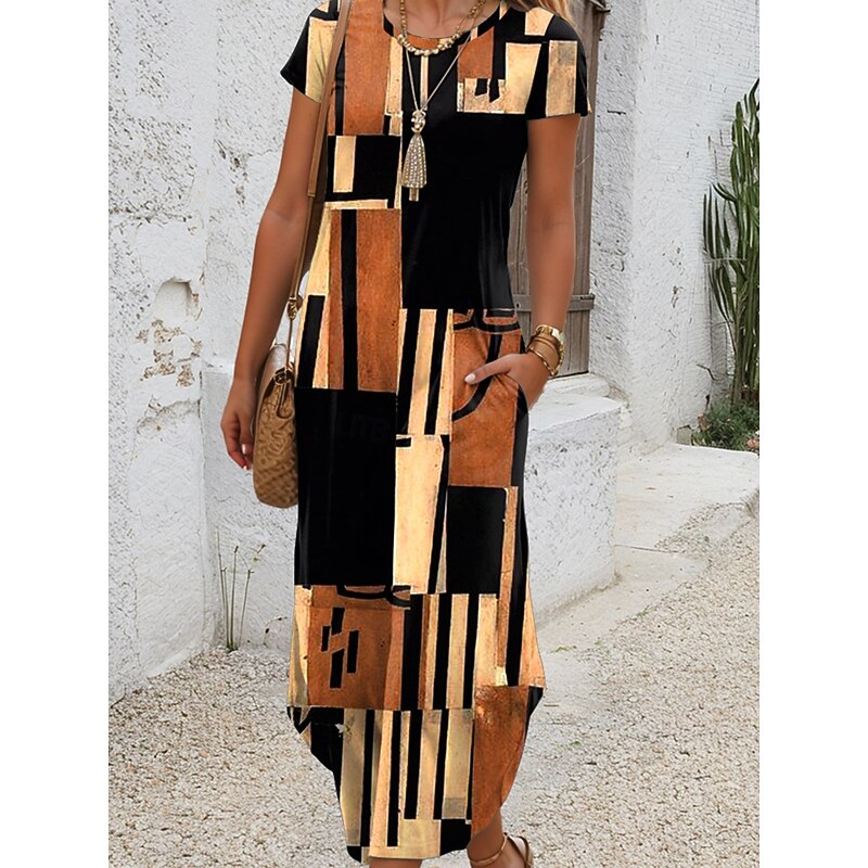 Women's Midi Dress T Shirt Dress Tee Dress Summer Dress Vacation Casual Beach Daily Regular Fit Graphic Geometric Short Sleeve Crew Neck Blue Purple Brown Summer3