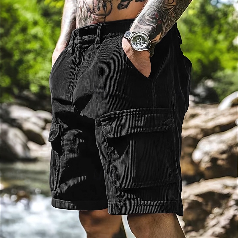 Men's Cargo Shorts Casual Shorts Hiking Shorts Corduroy Shorts Elastic Waist Multi Pocket Straight Leg Plain Comfort Soft Knee Length Outdoor Casual Daily Fashion Streetwear Black Blue Micro-elastic2