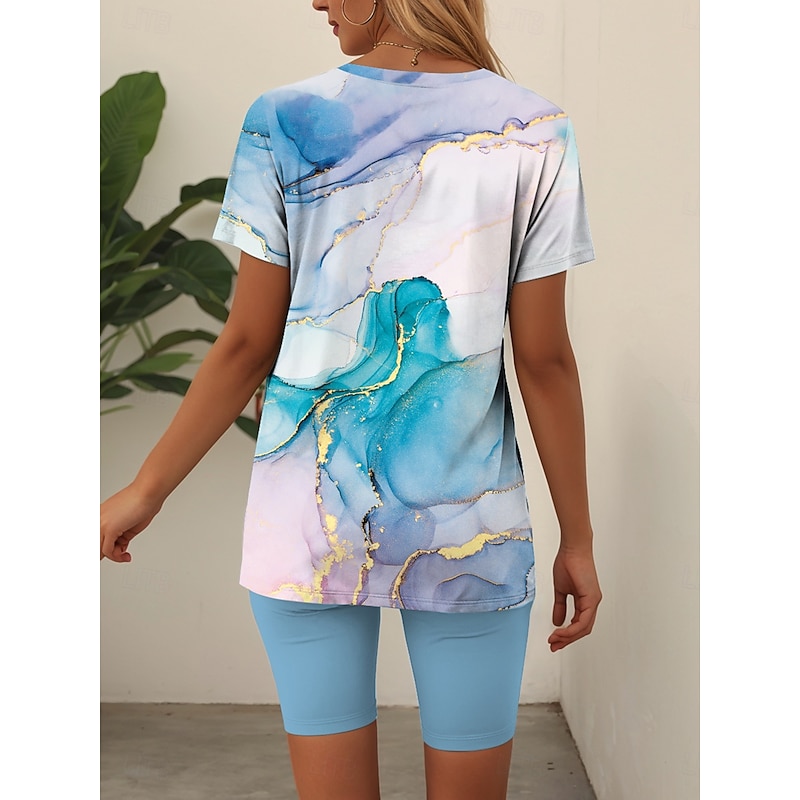 Women's 2 Pieces Fashion T Shirt Shorts Sets Short Sleeve V Neck Graphic Geometric Print Daily Casual Daily Blue Green Summer Regular Fit2