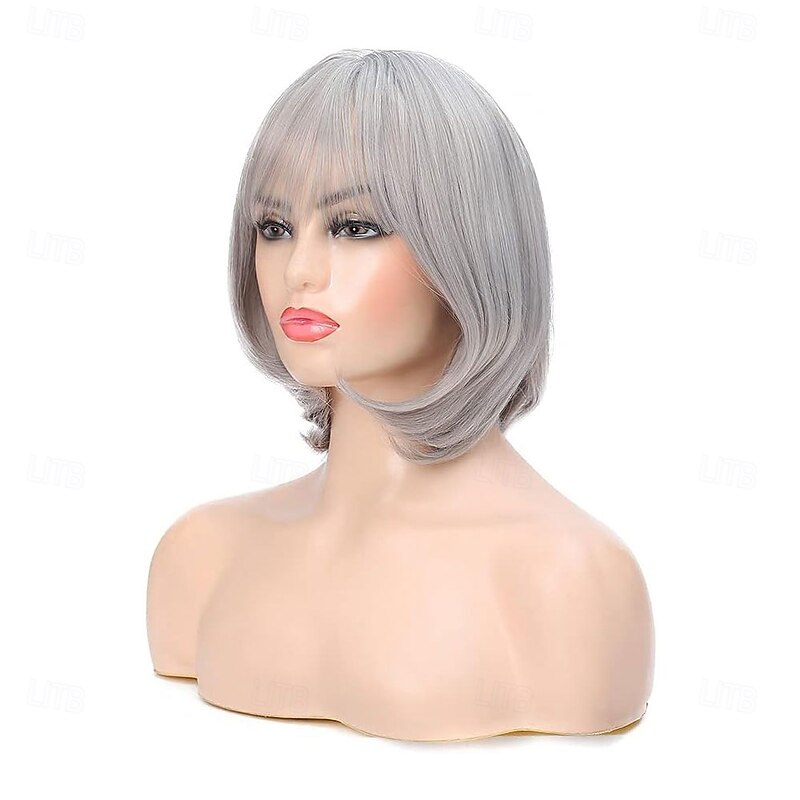Women Short Bob Wig Grey Mommy Wig Synthetic Natural Looking Bangs Wig for Daily Party Cosplay4