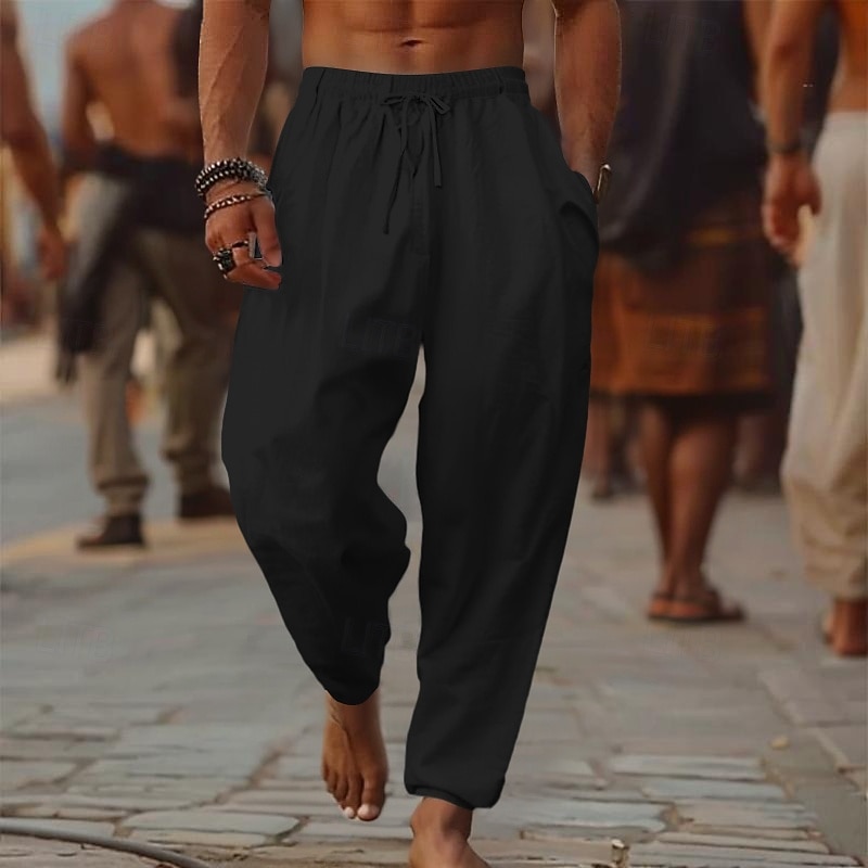 Men's Linen Pants Trousers Summer Pants Baggy Pants Beach Pants Drawstring Elastic Waist Wide Leg Plain Comfort Breathable Full Length Outdoor Casual Holiday Fashion Retro Vintage Black White4