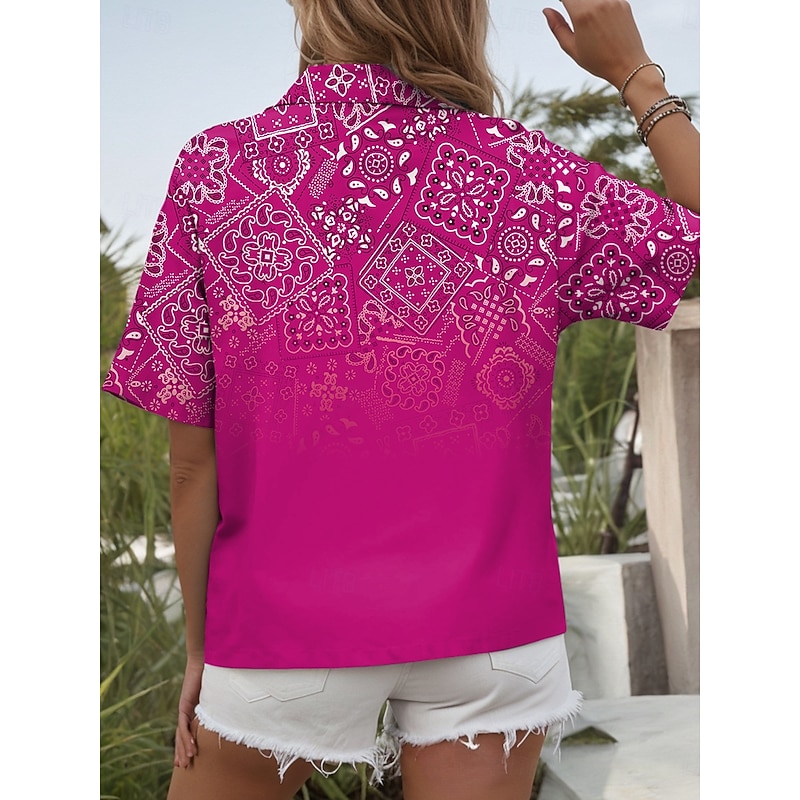 Women's Shirt Long Sleeve Button Down Blouse Ombre Graphic Paisley Daily Casual Short Sleeve Shirt Collar Regular Tops Daily Red Blue Fuchsia Summer Spring2