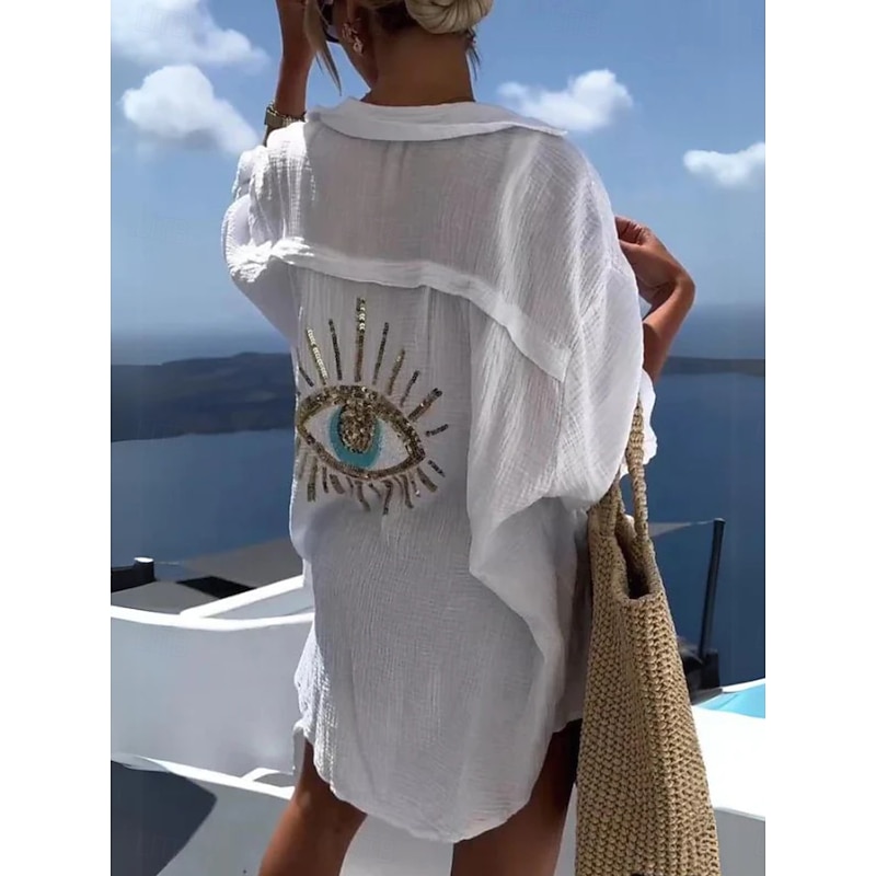 Women's Plus Size Shirt Basic Casual 3/4 Length Sleeve Shirt Collar Regular Tops Going out Weekend Buttons Black White Yellow Royal Blue Orange Summer Spring