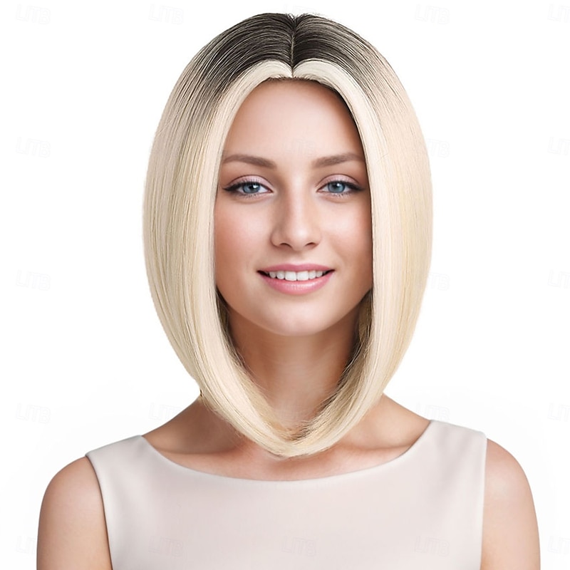Synthetic Wig kinky Straight Natural Straight Middle Part Deep Parting Machine Made Wig 12 inch A1 Synthetic Hair Women's Classic Comfortable Color Gradient Blonde