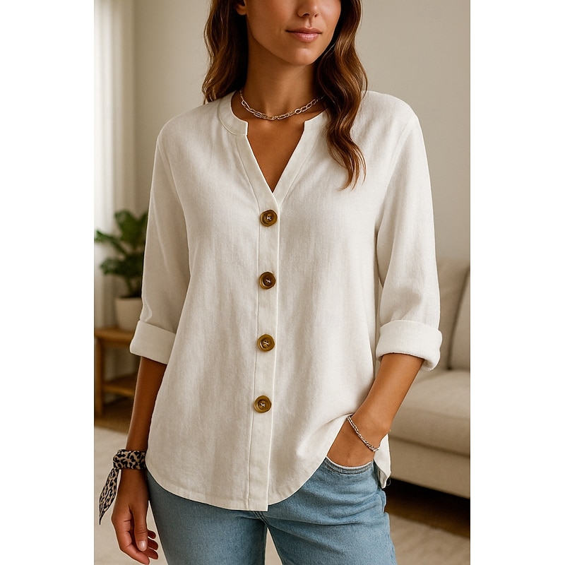 Women's Button Up Cotton Linen Shirt Plain Basic Modern Long Sleeve V Neck Regular Tops Daily Buttons White Summer