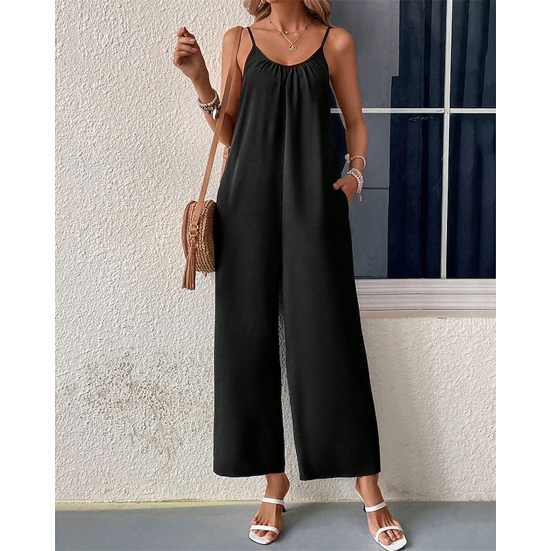 Women's Normal Jumpsuit Streetwear Solid Color Sleeveless Straight Crew Neck Pocket Street Daily Regular Fit Black Summer