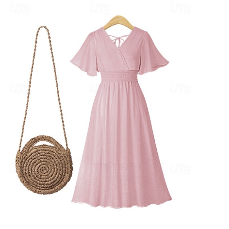 Women's Midi Dress Cocktail Dress Wedding Guest Dress Chiffon Dress Fashion Modern Vacation Tea Party Weekend Regular Fit Plain Short Sleeve V Neck Black White Pink Apricot Summer3