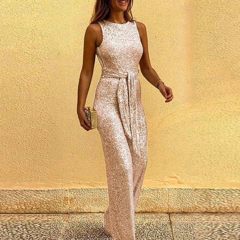 Women's EU / US Size Rompers Elegant Full Length High Waist Solid Colored Sequins Inelastic Formal Party & Evening Silver claret Golden Black Summer Regular Fit