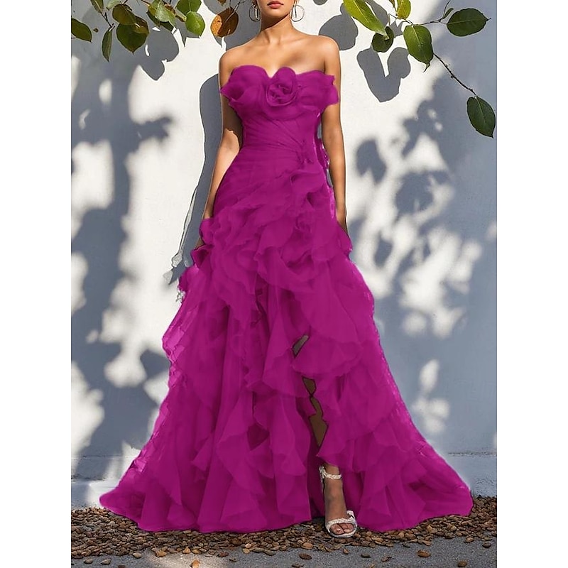 A-line Evening Gown Corset Dress Formal Wedding Floor Length Sleeveless Strapless Organza with Ruched Ruffles4
