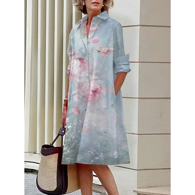 Women's Mini Dress Shirt Dress Casual Dress Summer Dress Fashion Vacation Daily Weekend Regular Fit Floral Long Sleeve Shirt Collar White Blue Purple Summer2