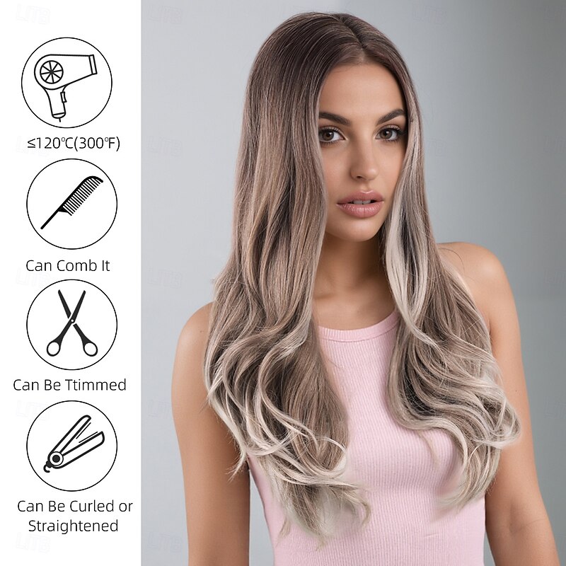 Synthetic Wig Wavy Deep Wave Layered Haircut With Bangs Machine Made Wig 24 inch A1 Synthetic Hair Women's Classic Comfortable Highlighted / Balayage Hair Blonde2