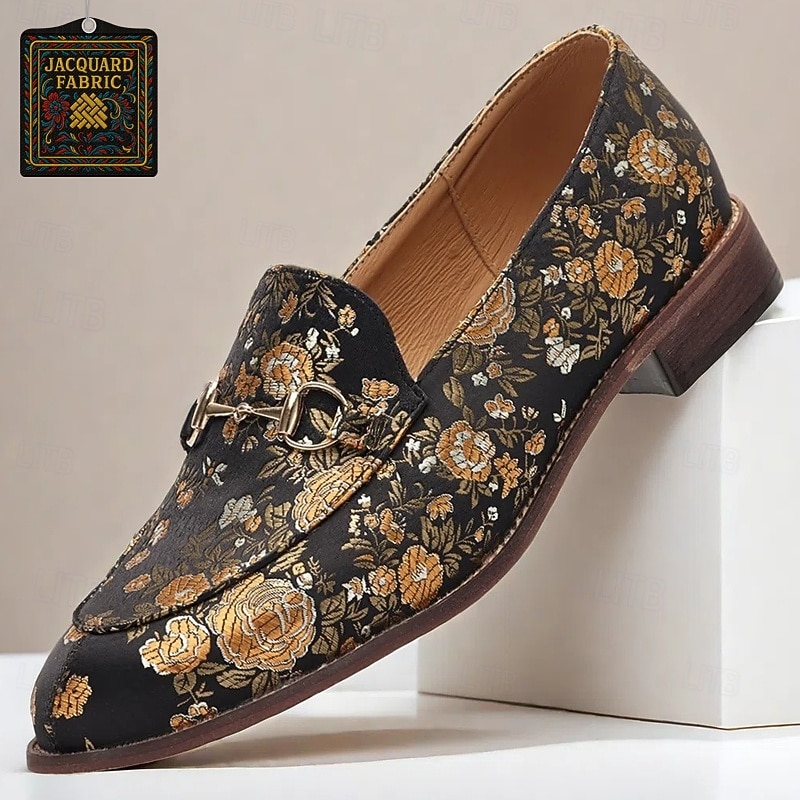 Men's Floral Jacquard Loafers - Vintage Floral Pattern, Elegant Design for Formal Events and Casual Wear