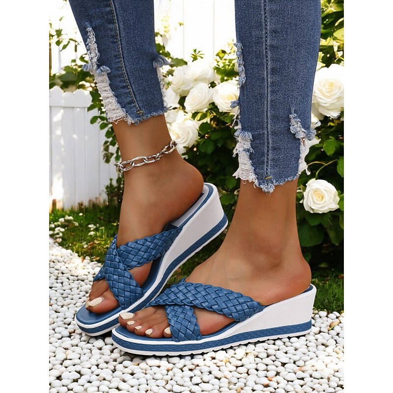 Women's Woven Wedge Slide Sandals – Casual Cross Strap Open Toe Sandals for Summer & Vacation2