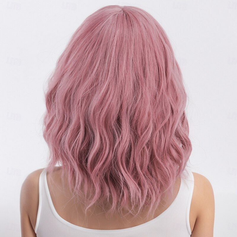 Synthetic Wig Water Wave Curly Weave Asymmetrical Neat Bang Machine Made Wig 14 inch A1 Synthetic Hair Women's Party Classic Comfortable Pink2