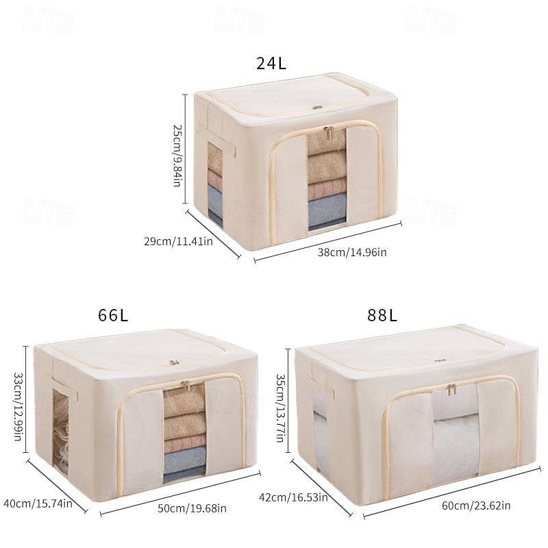 Clothes Storage Bins Stackable Metal Frame Storage Box Foldable Linen Fabric Organizer with Carrying Handles and Clear Window3