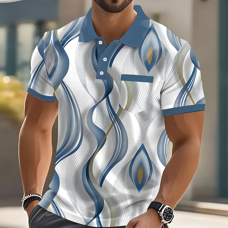 Men's Abstract Geometic Polo Short Sleeve Polo Shirts Collared Shirts Business Casual Outdoor Athleisure Daily Wear Pocket 3D Print Buttons Summer Blue Purple Green