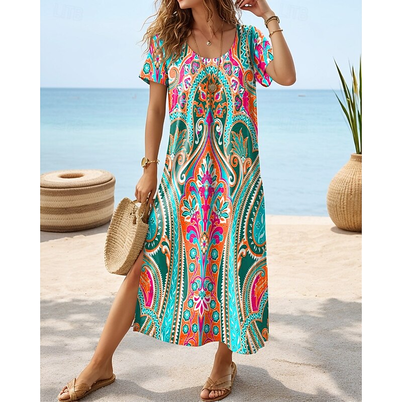 Women's Midi Dress Sundress A Line Dress Vacation Casual Boho Butterfly Sleeve Vacation Beach Regular Fit Floral Graphic Short Sleeve Crewneck White blue White Blue Green Summer4