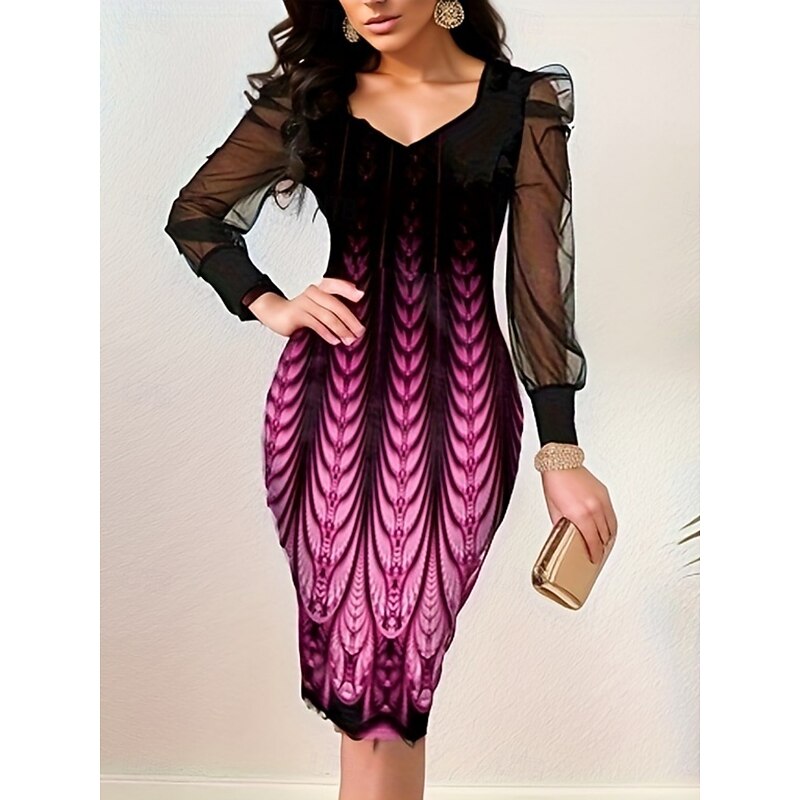 Women's Mini Dress Bodycon Dress Work Dresses Semi Formal Office Regular Fit Floral Graphic Long Sleeve V Neck Pink Red Blue Purple Summer Winter2