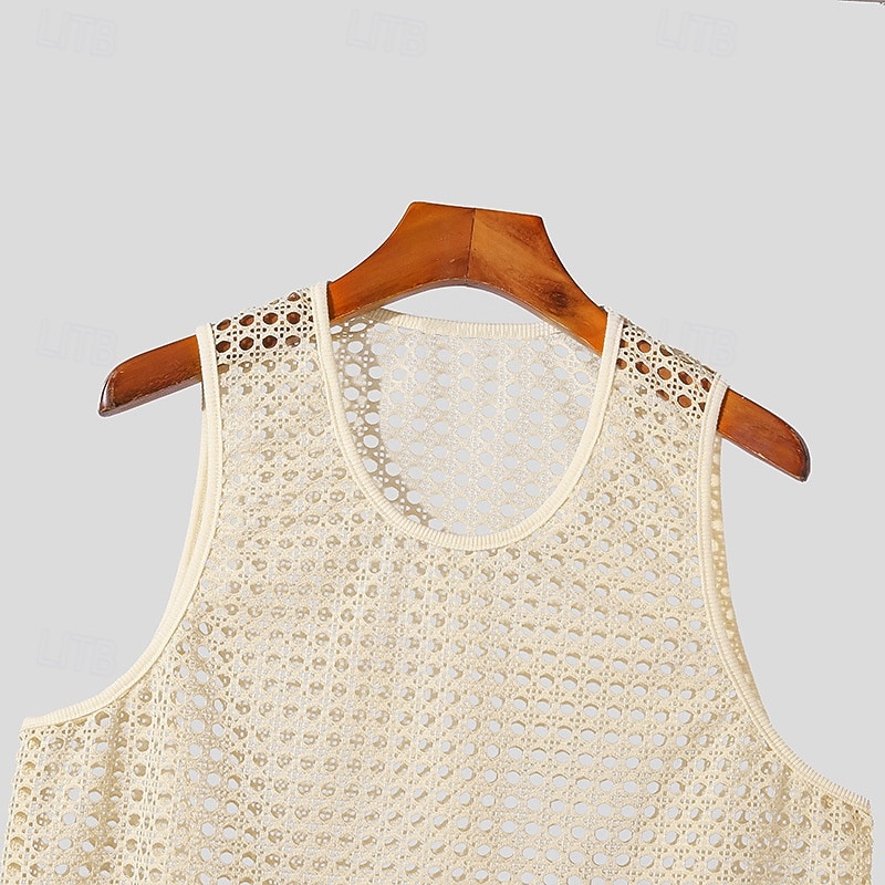 Men's Tank Top Vest Top Undershirt Sleeveless Shirt Sleeveless Crew Neck Summer Plain Fashion Designer Basic Mesh Vacation Street Going out Beige Top Tee for Men4