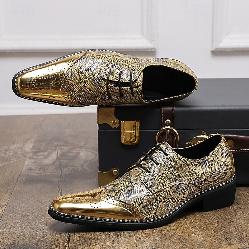 Men's Dress Shoes - Gold and Black Python Pattern with Rhinestone Detailing for Dance Parties and Special Events4