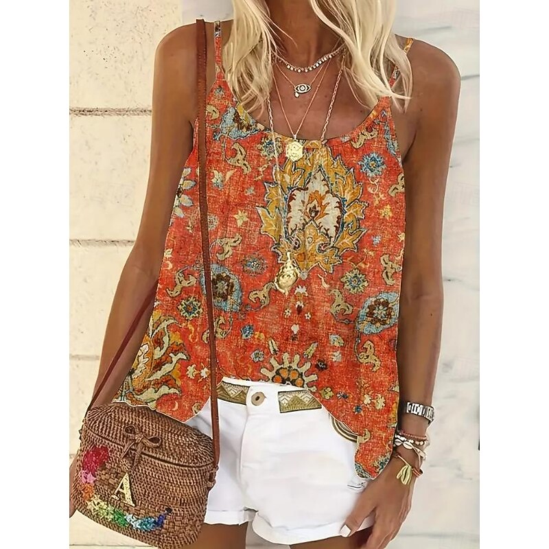Women's Blouse Floral Graphic Paisley Daily Sleeveless Strap Scoop Neck Regular Tops Daily Holiday Beach Wear Print Maroon Blue Orange Khaki Summer Spring