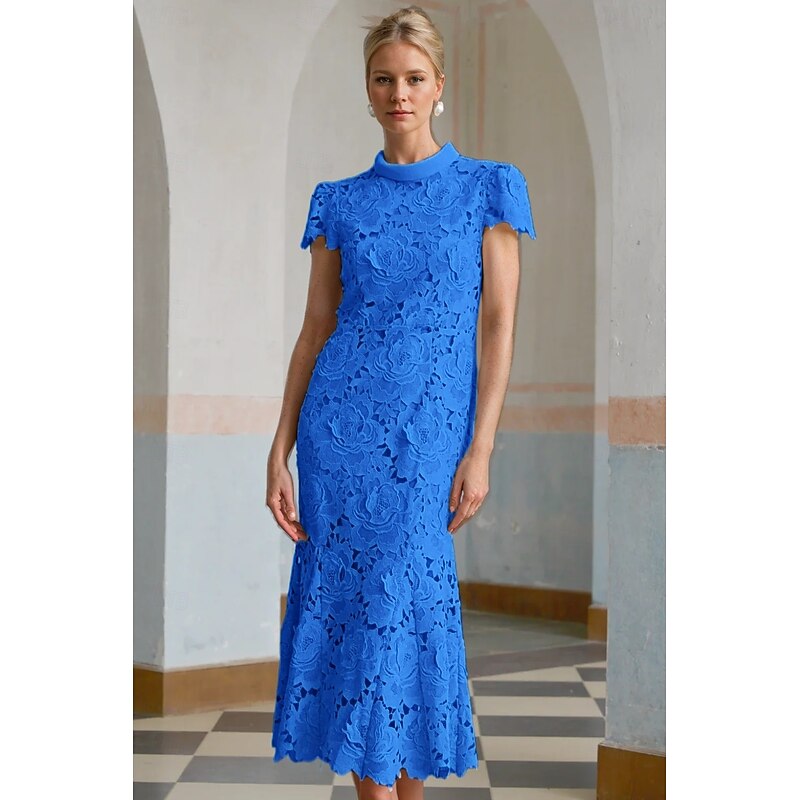 Column Cocktail Elegant Embroidered Dress Formal Wedding Ankle Length Short Sleeve Stand Collar Lace with Slit2