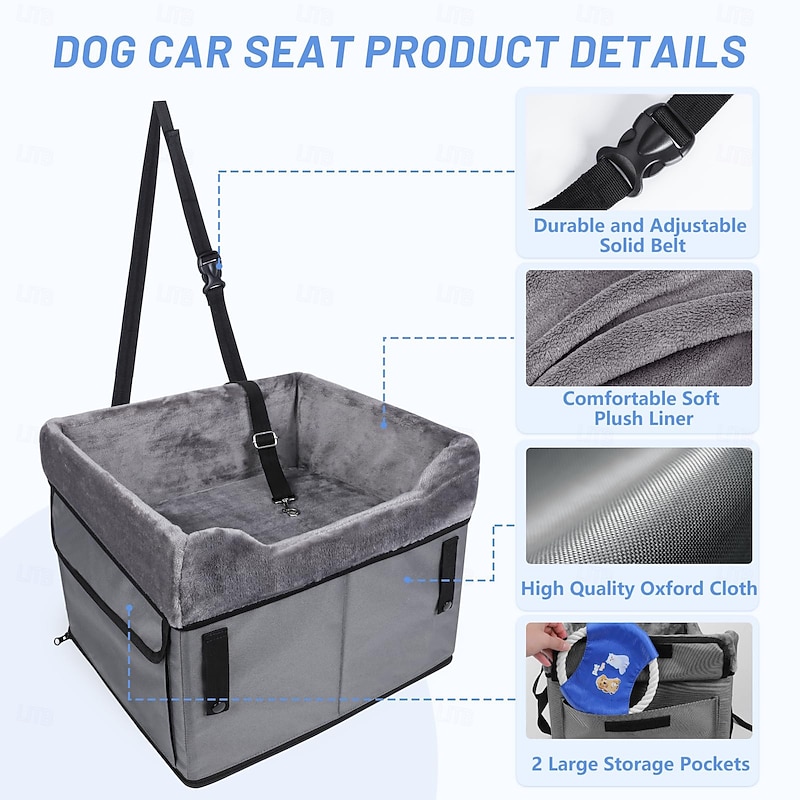 Portable Pet Booster Seat Dog Car Seat for Small Dogs with 2 Clip-On Safety Leashes and Adjustable Straps2