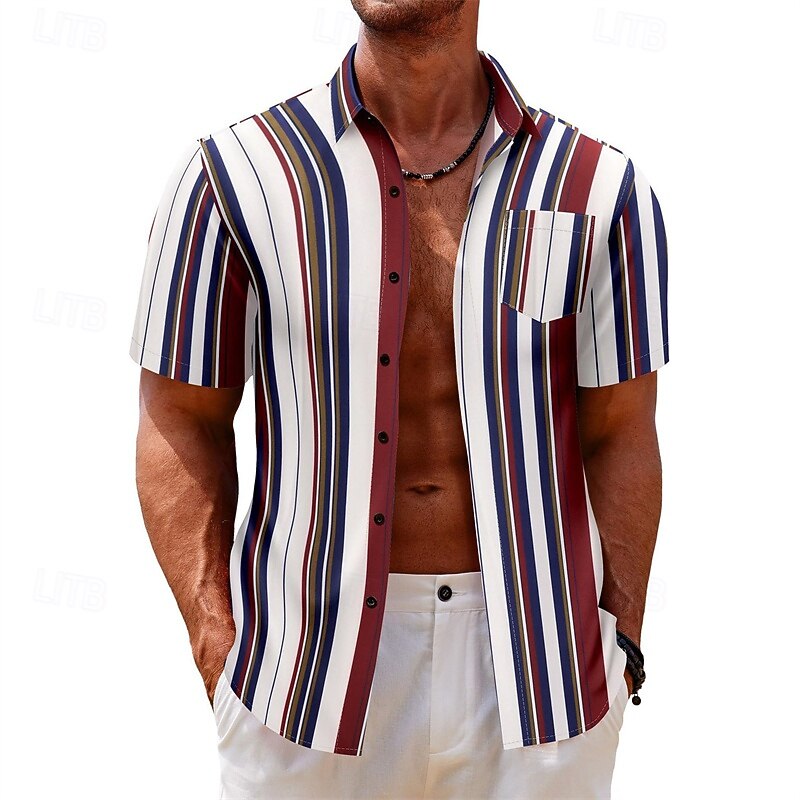 Men's Shirt Summer Shirt Casual Shirt Beach Shirt Button Up Shirt White Short Sleeve Stripes Lapel Vacation Hawaiian Clothing Apparel Polyester Fashion Casual Comfortable