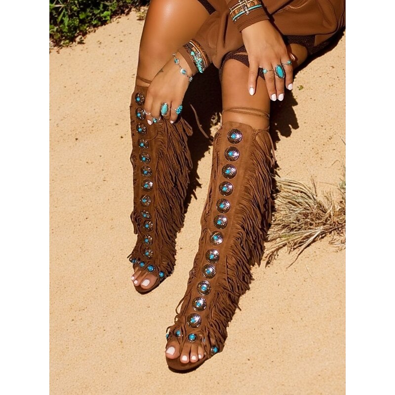 Women's Brown Boho Fringe Gladiator Heeled Sandals – Western Style Knee-High Lace-Up Boots for Music Festivals, Summer Parties & Retro Fashion2