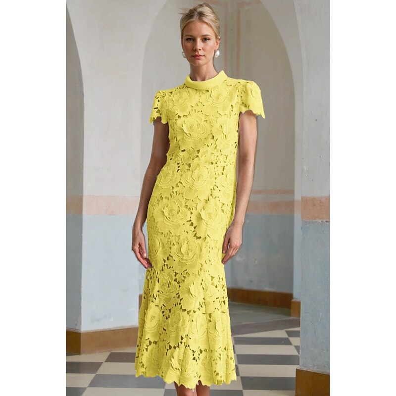 Column Cocktail Elegant Embroidered Dress Formal Wedding Ankle Length Short Sleeve Stand Collar Lace with Slit4
