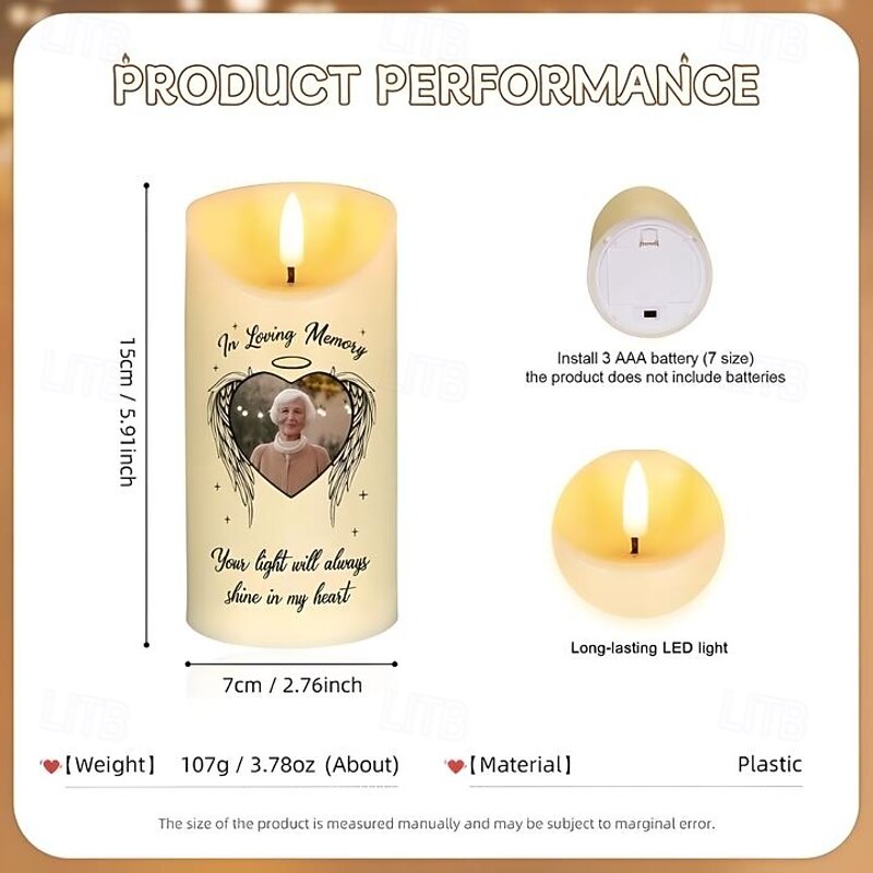 Personalized Memorial LED Candle Custom Photo Sympathy Gifts For Loss Of Loved Ones, Candle with Angel Wings Elegant Keepsake Light for Bedroom Home Decor Tribute Display2