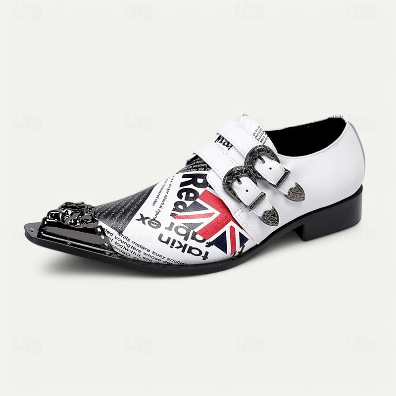 Men's White Punk Rock Monk Strap Leather Dress Shoes with Gold Tip British Flag–Statement Shoes for Music Festivals, Themed Parties and Concerts3