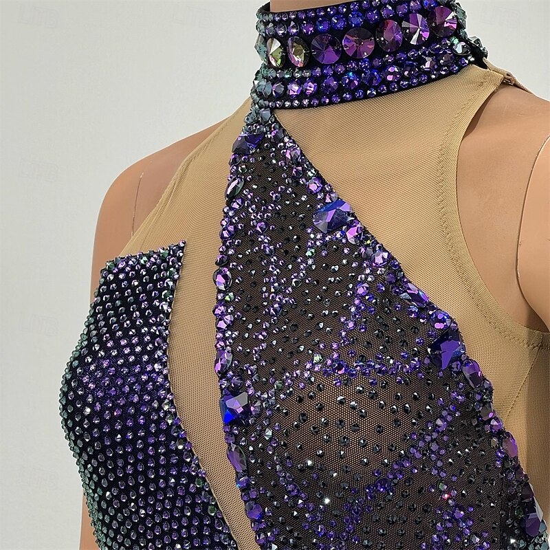 Figure Skating Dress Women's Girls' Ice Skating Dress Blue Black Patchwork Asymmetric Hem Mesh Spandex High Elasticity Training Competition Skating Wear Classic Crystal / Rhinestone Sleeveless Ice4