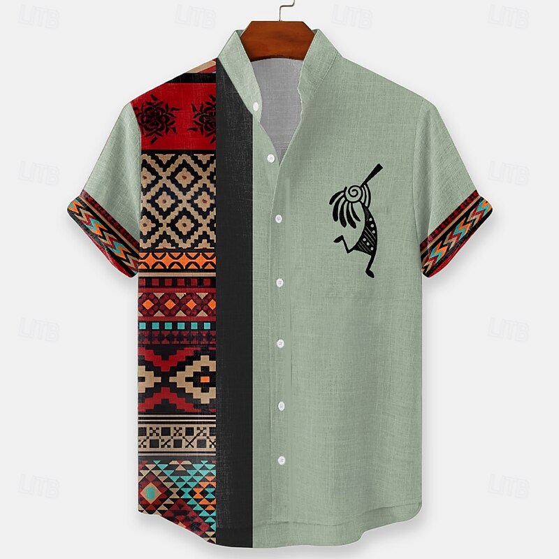 Men's Geometric Aztec Ethnic Shirt Button Up Shirt Stand Collar Shirt Short Sleeve Vintage Retro Vacation Dailywear Beach Wear Summer Spring Mandarin Collar 3D Print Linen Like Shirt Green Khaki4