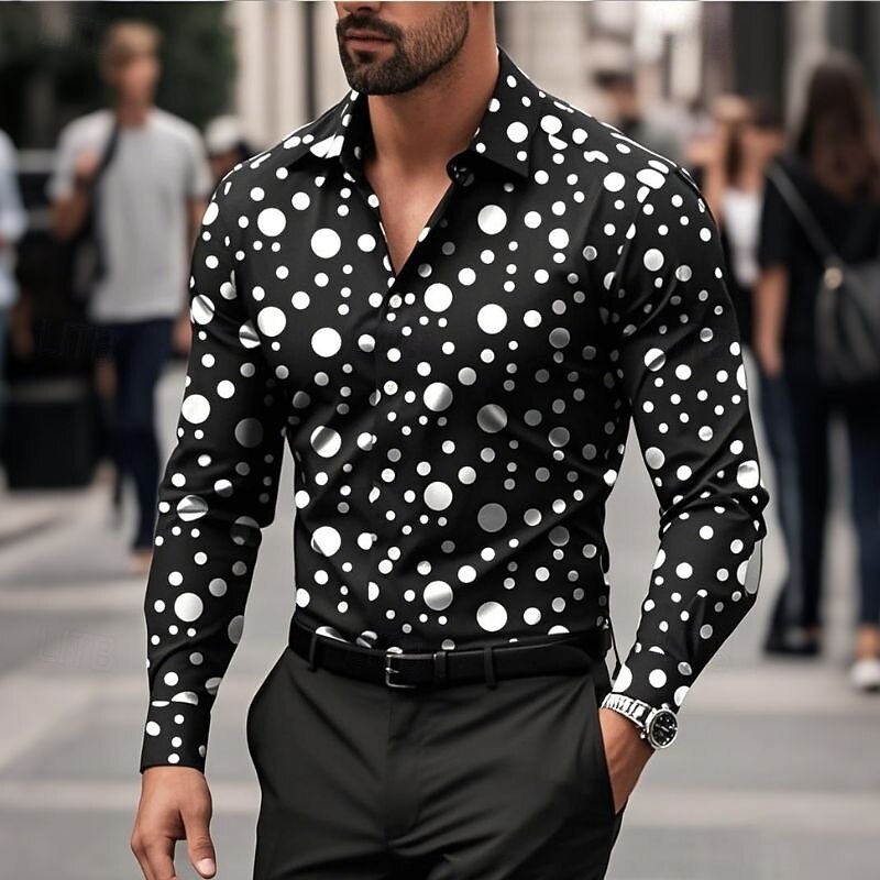 Men's Summer Shirt Casual Shirt Beach Shirt Button Up Shirt Black White Long Sleeve Polka Dot Lapel Vacation Hawaiian Button-Down Clothing Apparel Polyester Fashion Casual Comfortable3