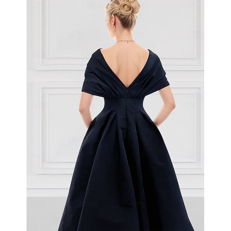 A-Line Cocktail Dresses Elegant Dress Formal Wedding Ankle Length Short Sleeve Off Shoulder Satin with Floral Print Embroidery Pocket3