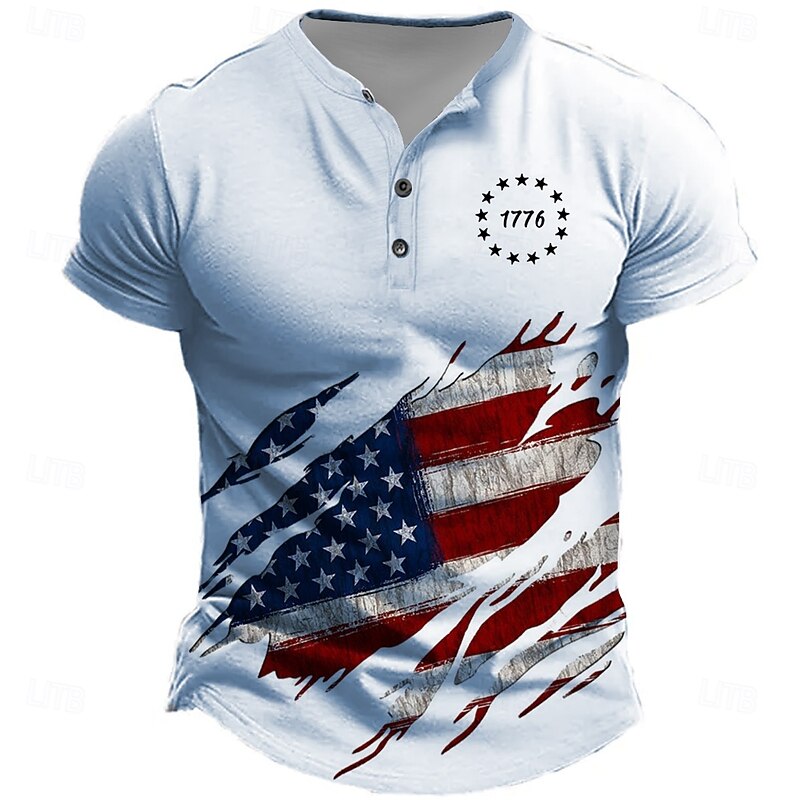 Men's American US Flag T Shirt Henley Shirt Short Sleeve Designer Retro Vintage Casual Street Casual Daily Summer Spring White Light Blue Henley Henley T-Shirt2