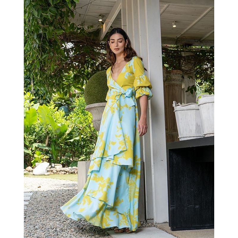 A-Line Floral Dress Beach Wedding Summer Maxi Dresses for Women Holiday Casual Dress Floor Length Long Sleeve V Neck  with Print Strappy  dress to impress Wedding Guest Dress4