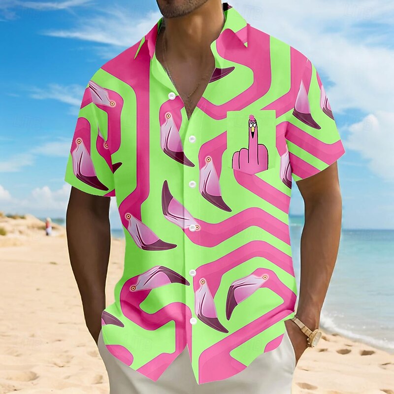 Men's Flamingo Bird Funny Shirt Summer Hawaiian Shirt Button Up Shirt Short Sleeve Hawaiian Vacation Holiday Beach Wear Summer Turndown 3D Print Front One Pocket Linen Like Shirt Black Yellow Blue2