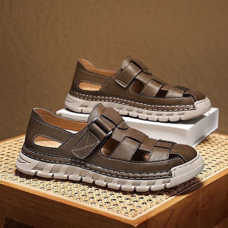 Men's Brown Faux Leather Fisherman Sandals – Comfortable Velcro Strapped Outdoor Shoes for Summer and Casual Wear3