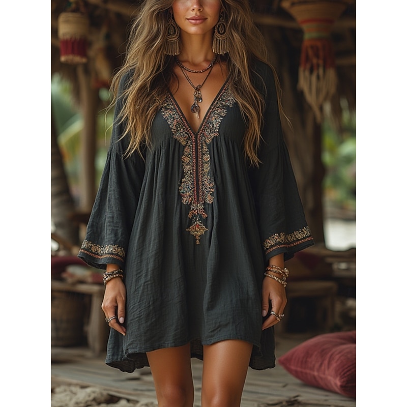 Women's Cotton Linen Shirts Western Blouse Plain Bohemia Vintage Boho Long Sleeve V Neck Long Tops Daily Holiday Patchwork Dark Gray Summer