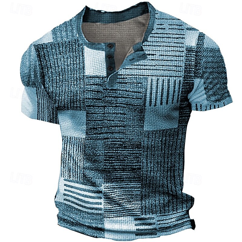 Men's Graphic Plaid Waffle Henley Shirt Tee Short Sleeve 3D Print Fashion Designer Basic Outdoor Casual Daily Summer Blue Green Khaki Dark Gray Henley Henley T-Shirt3